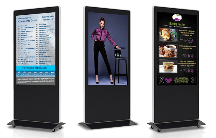 three digital kiosks displays ads and building directory