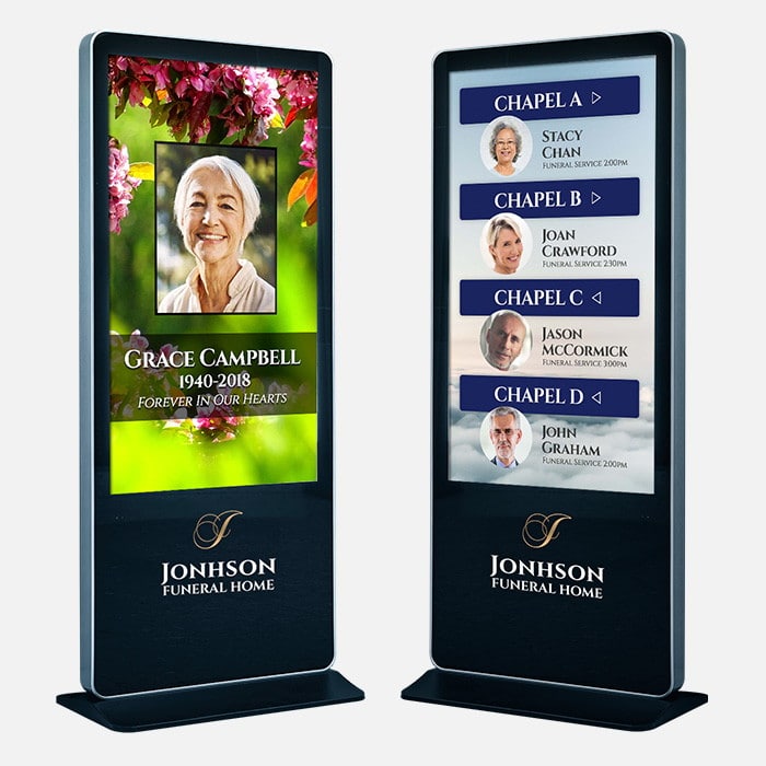 funeral home digital kiosks showing memorial and funeral service information
