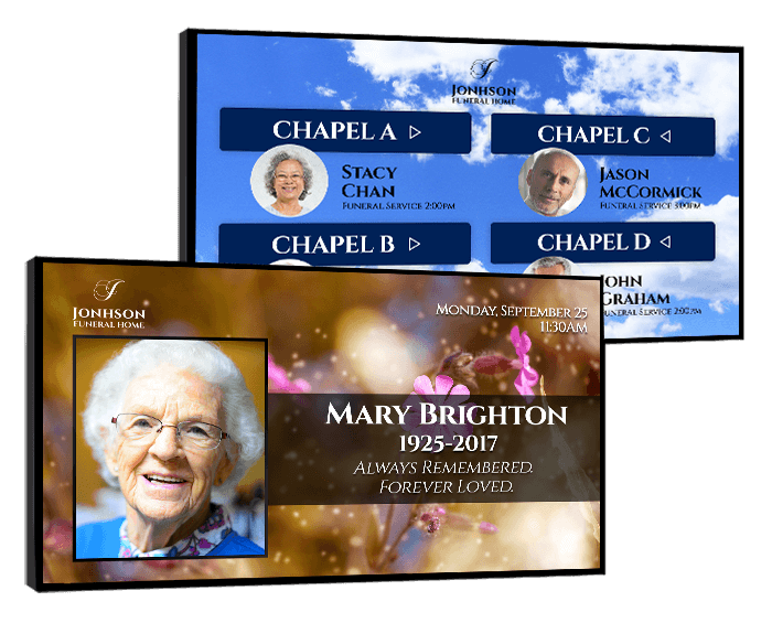 funeral home digital signage displaying funeral service info