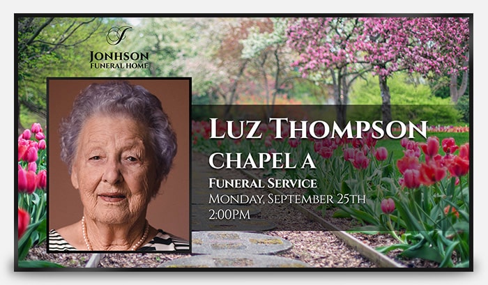 funeral home digital signage displaying funeral service information