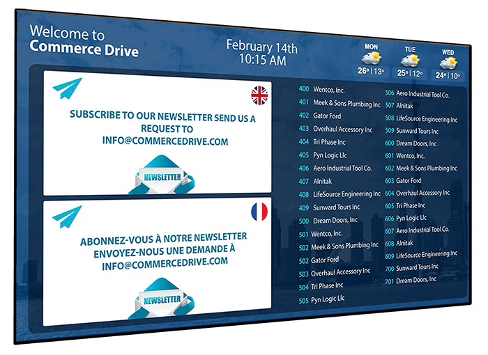 Digital building directory with announcement screens in different languages
