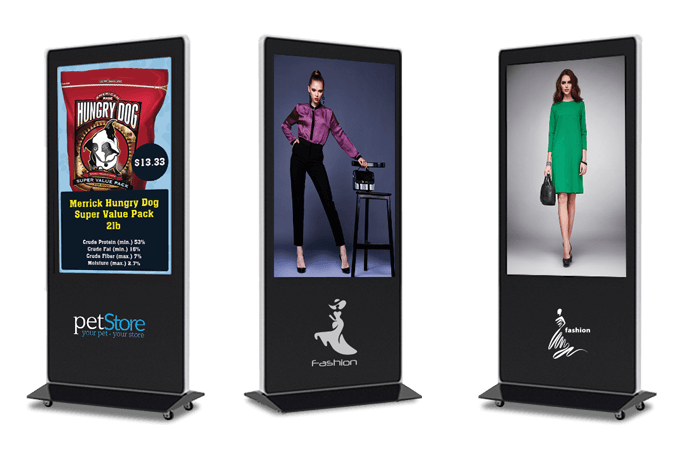 three digital kiosks displaying ads