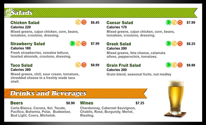 digital menu displaying calories