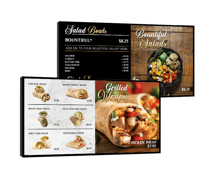 two landscape digital menu boards displaying wraps and salads