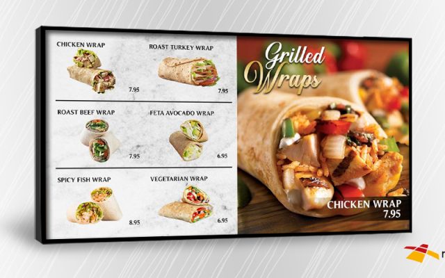 digital menu board displaying wraps