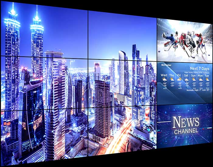 large video wall displaying news and weather
