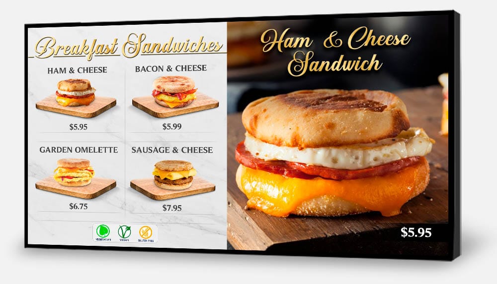restaurant digital menu board showing breakfast sandwiches
