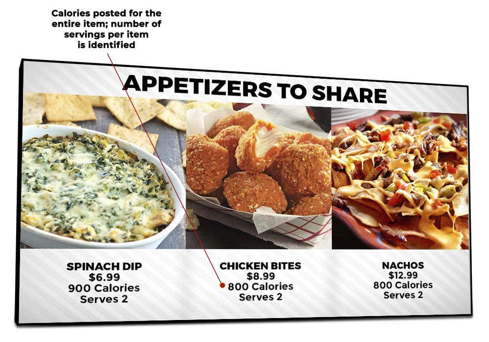 calories label on digital menu board displaying appetizers