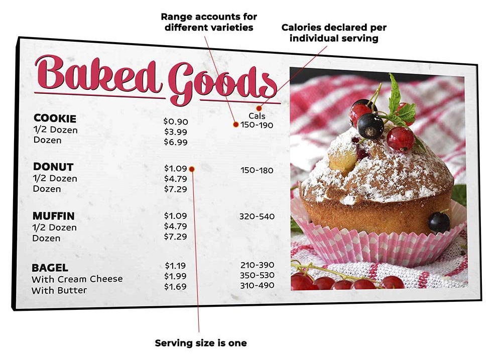 calories label on digital menu board displaying baked good