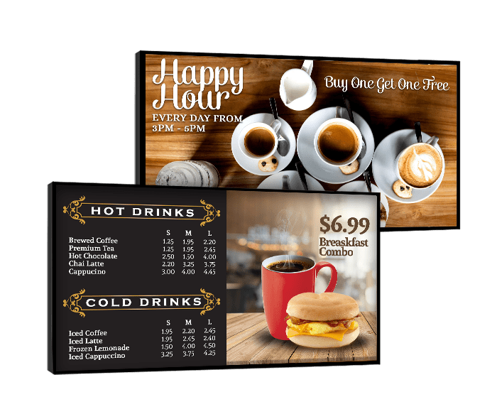 cafe digital menu boards displaying menu items and promos