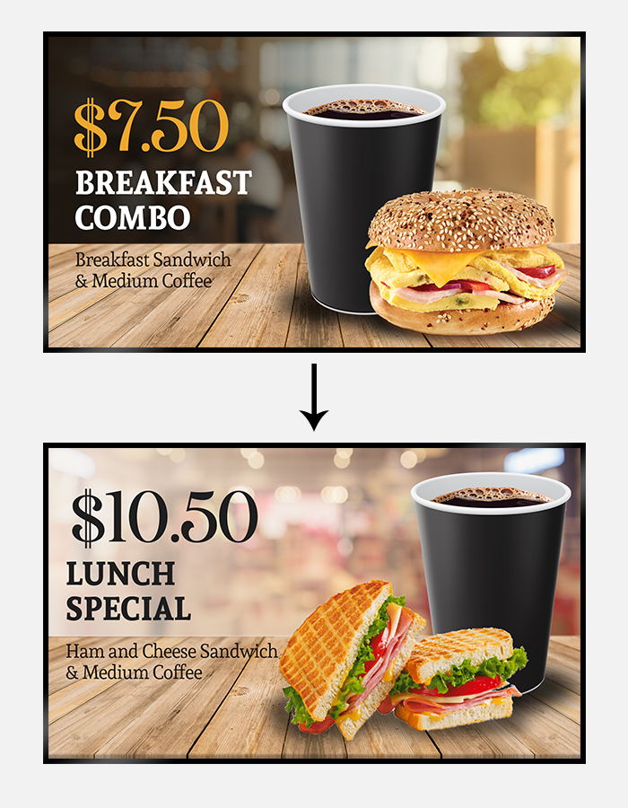 breakfast special updating to lunch special on digital menu board for coffee shop