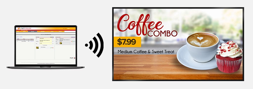 laptop updating digital menu board for coffee shops