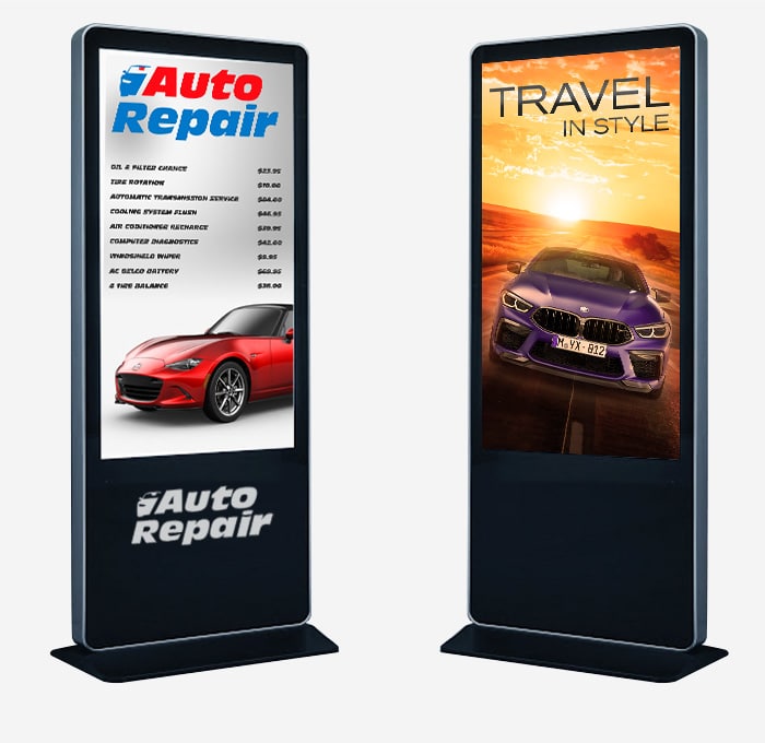 car dealership digital kiosks promoting new cars and repair services