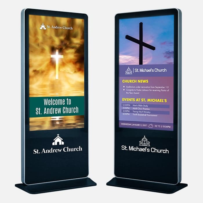 church digital kiosks showing welcome message, news and events