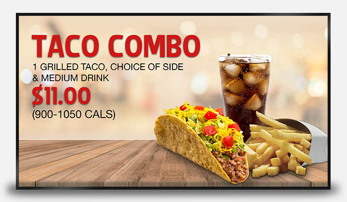 fast food digital menu board displaying taco meal combo
