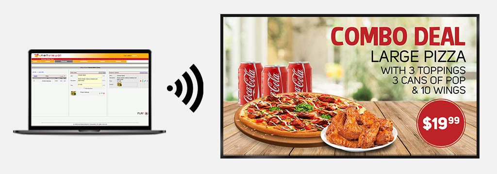 laptop updating pizza shop digital menu boards