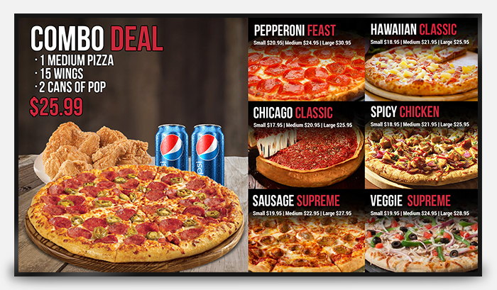 digital menu board for pizza shop displaying combo deal and pizza options