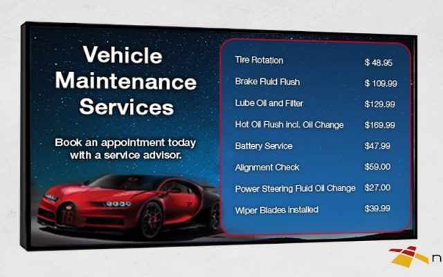 automotive digital signage displays promoting maintenance services
