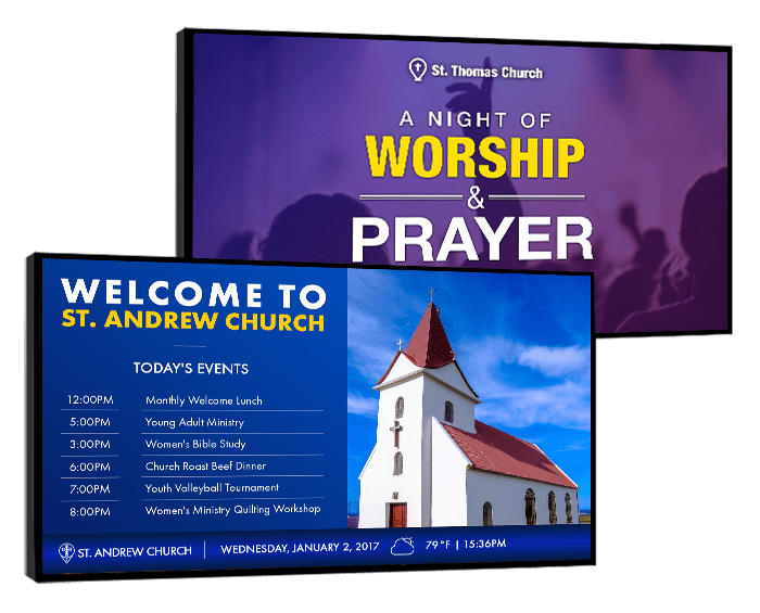 church digital signage screens showing welcome message and worship event