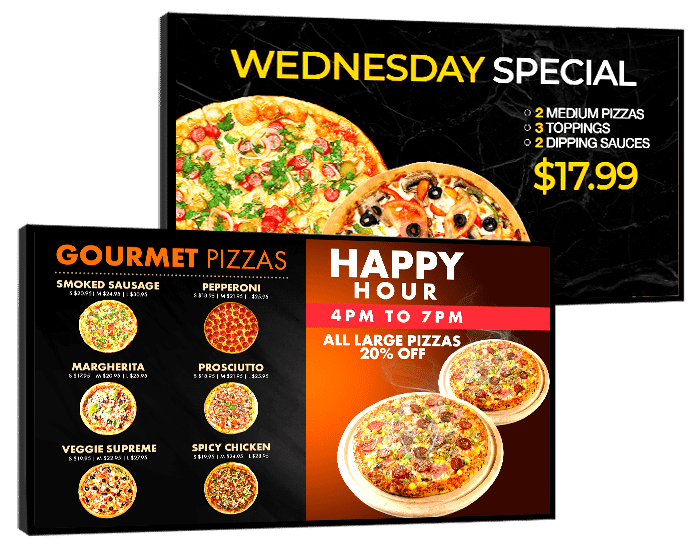 pizza digital menu boards displaying promotions and pricing