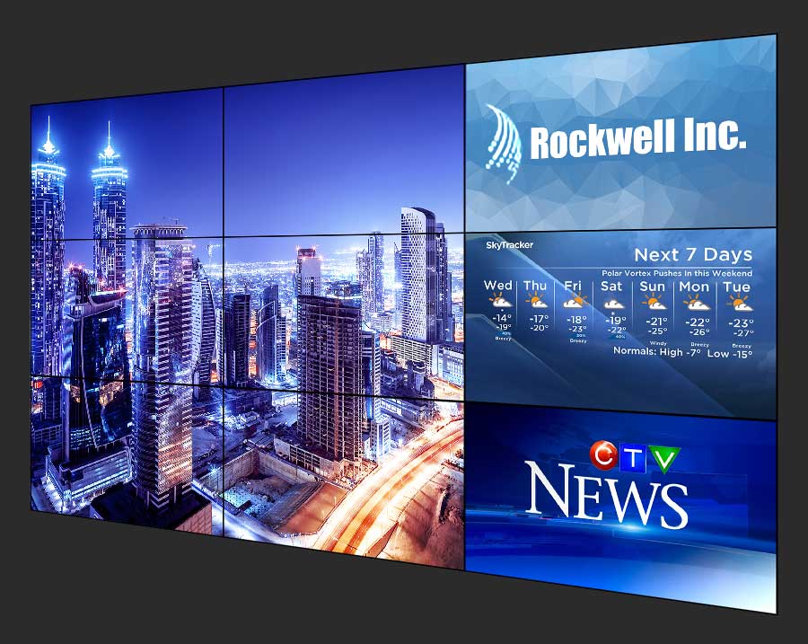 large multi-zone video wall displaying news, weather, logo, and cityscape image