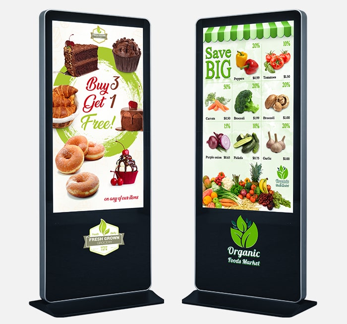 supermarket digital kiosks showing fruit and veggie promotions