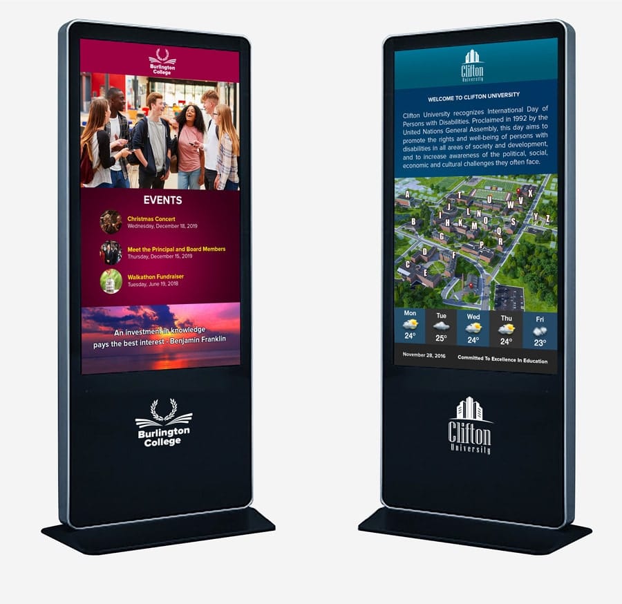 two digital kiosks for universities