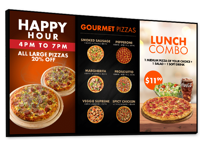 three portrait mode digital menu boards for pizza shops