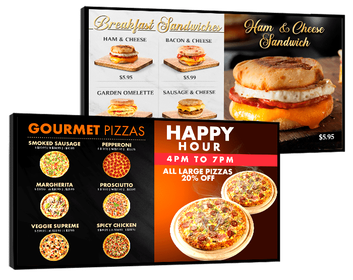 two digital menu displays showing pizzas and breakfast sandwiches