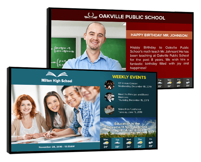 two digital signage screens for schools