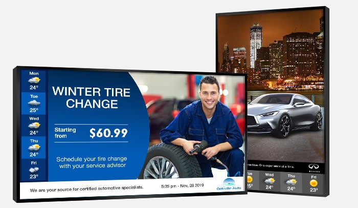 car dealership digital signage promoting winter tire change and new car model