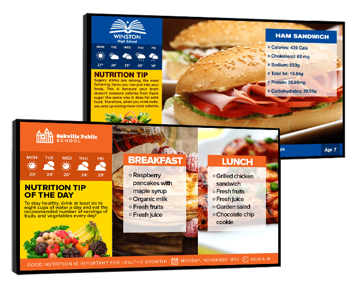 school digital menu boards showing breakfast and lunch menus