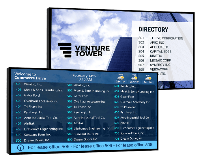 two digital building directories showing tenant listings
