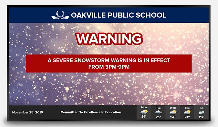 severe weather warning on digital screen for schools