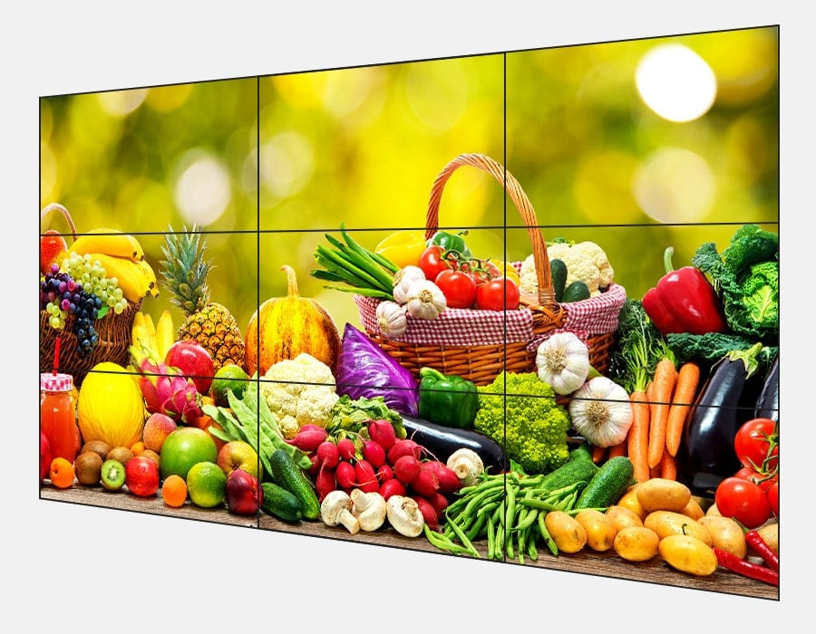 large format video wall for supermarkets showing fresh fruits and veggies