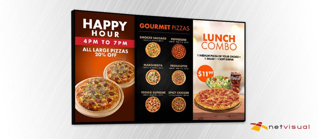 three portrait mode digital menu boards for pizza shops