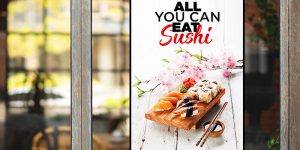 digital window display showing sushi promotion
