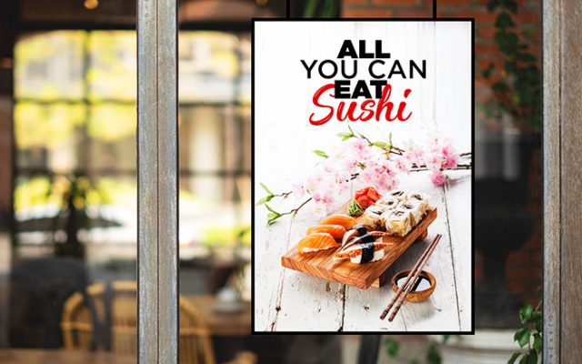 digital window display showing sushi promotion