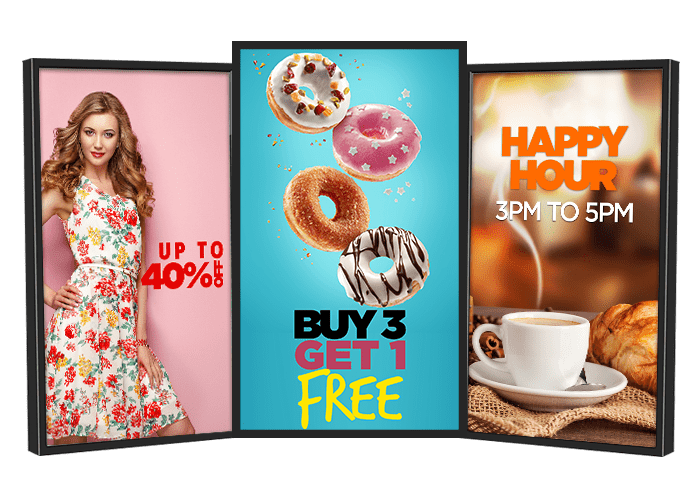 three portrait mode digital window displays showing promotions