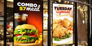 two portrait mode digital window displays showing fast food promos