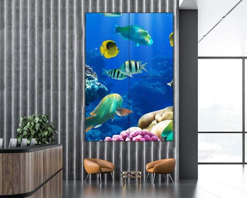 large aquarium lcd video wall in corporate lobby