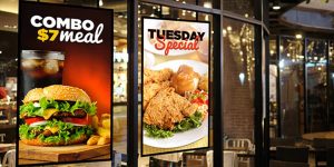 digital window display screens showing fast food promotions