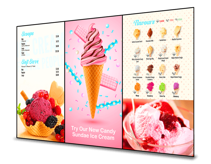 three portrait mode digital menu boards for ice cream shops