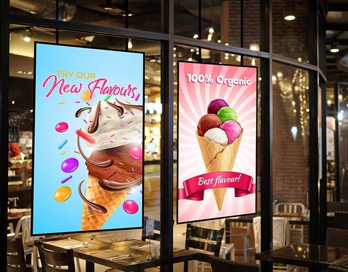 digital window displays showing ice cream promos