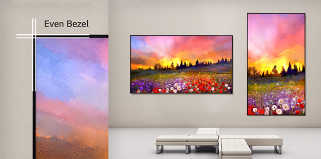 LG signage displays with even bezels mounted in landscape and in portrait on a gallery wall